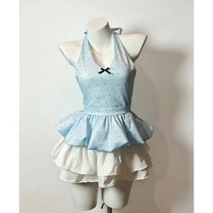 Voguable  Polka Dot Print Bow Halter Sets Vests Solid Cake Ball Gown Summer Mujer Faldas Slim French Style Small Fellow New Skirts voguable