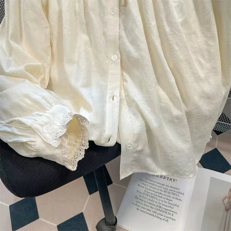 Sweet Doll Collar Shirt Women Japanese Kawaii Lace Patchwork Long Sleeve Blouse Loose Preppy All-Match Apricot Shirt Female voguable