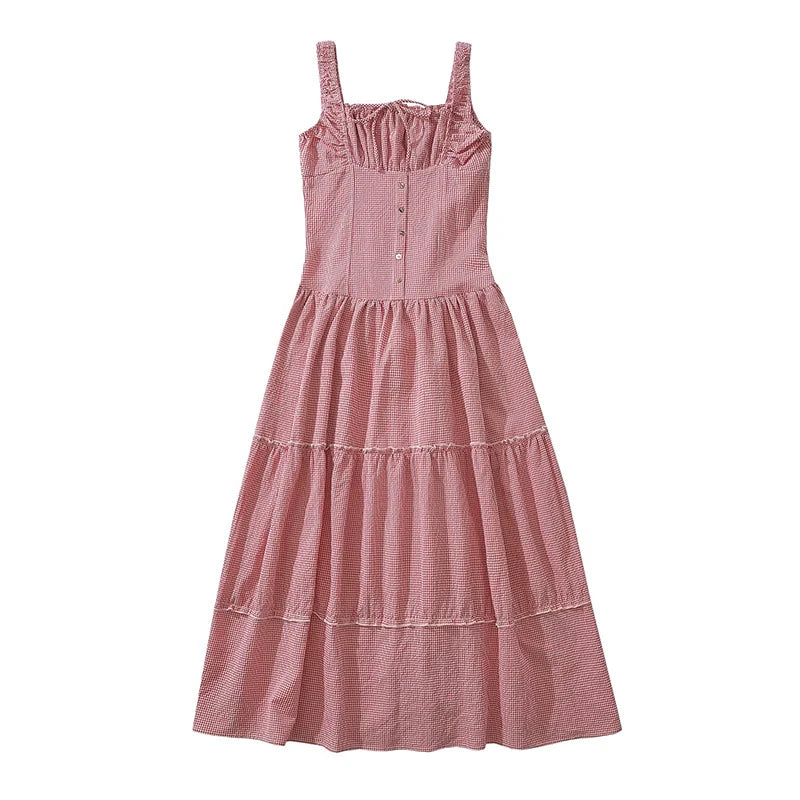 YENKYE Women Sexy Ruched Chest Corset Style Sling Long Dress Low Waist Sleeveless Female Holiday Summer Robe voguable