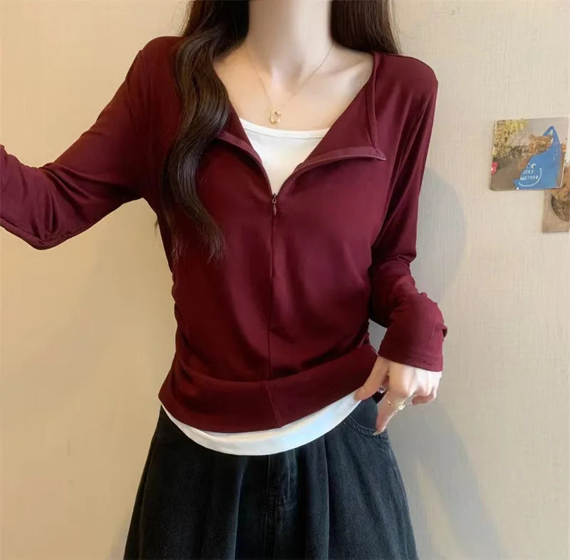 Long Sleeve T Shirt Women Fashion Fake Two Pieces Patchwork Basic Slim Zipper Slimming Bottoming Shirt Retro Red Casual T-shirt voguable