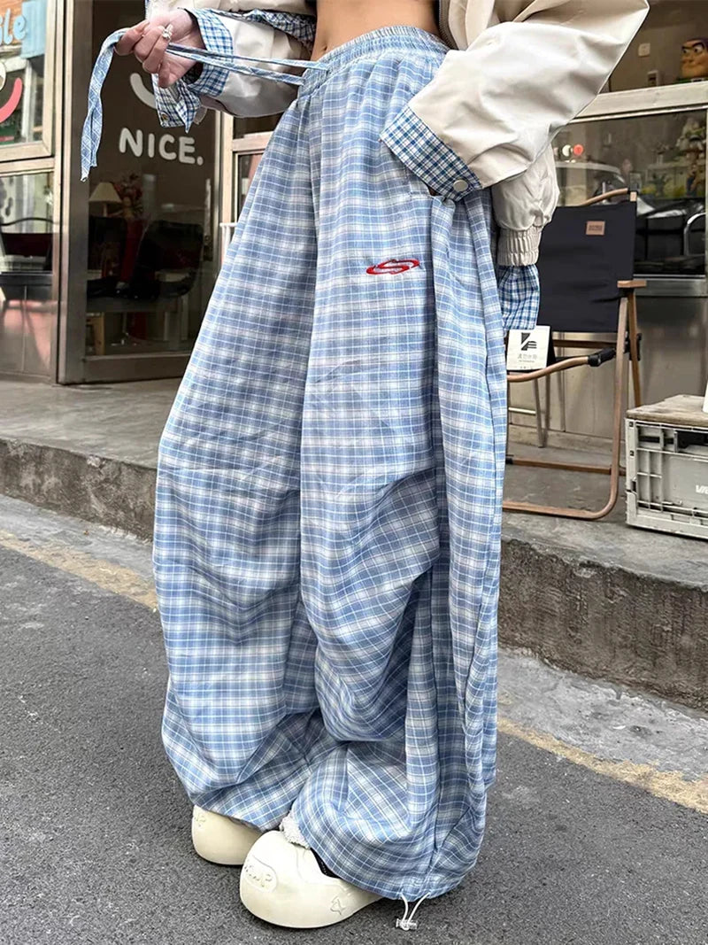 Streetwear Y2K Plaid Pants Women Vintage American High Waist Scimitar Pants Harajuku Oversize Loose Bf Casual Trousers New voguable
