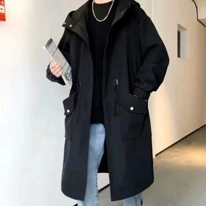 2023 Spring Autumn Army Green Windbreaker Fashion Men Mid-length Casual Hooded Coat Men Daily High Street Overcoat Male Clothes voguable