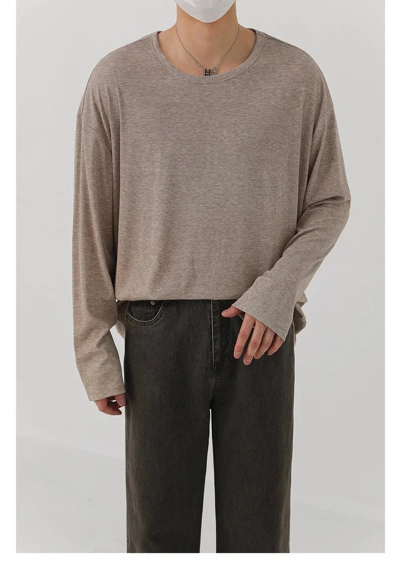 Korean Fashion Men T-shirt Luxury Knitted Solid Color Scoop Neck Long Sleeve Tees Casual Premium Quality Textured Knitwear M-3XL voguable