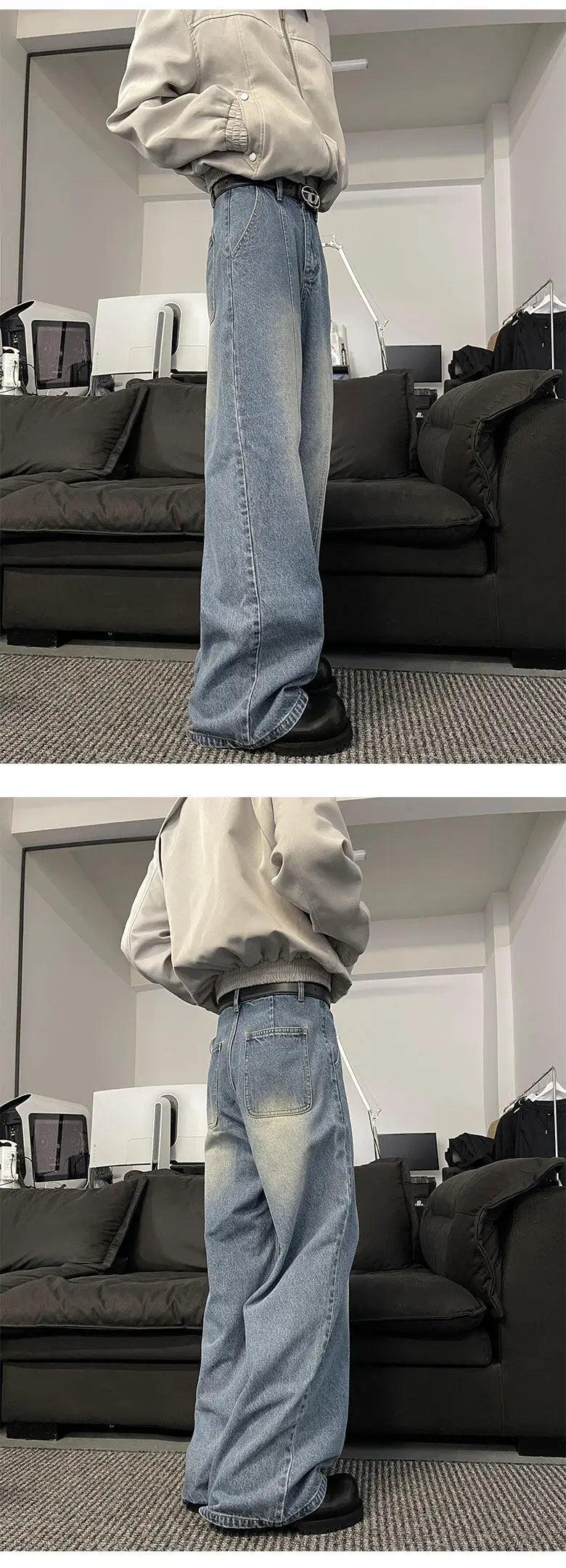 Jeans Men Loose Wide Leg Trousers Unisex low-rise jean Men's Denim Pants Old Blue Washed Male Jeans Straight Patchwork mop pants voguable