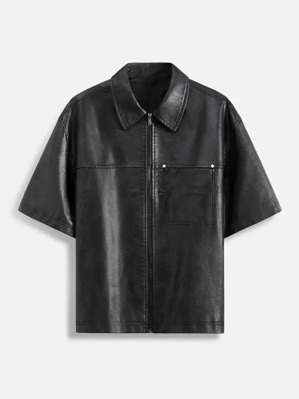 Top New US Black PU Leather Short Sleeved Shirt Oversized Mens Loose Men Streetwear Leather Cool Fashion Fitting Leather Shirt voguable