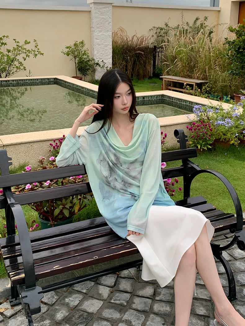 Gradient Fall 2025 Fashion Woman Oversize Graphic T Shirts Long Sleeve Top Cowls Blue Tee Autumn Streetwear Clothing voguable