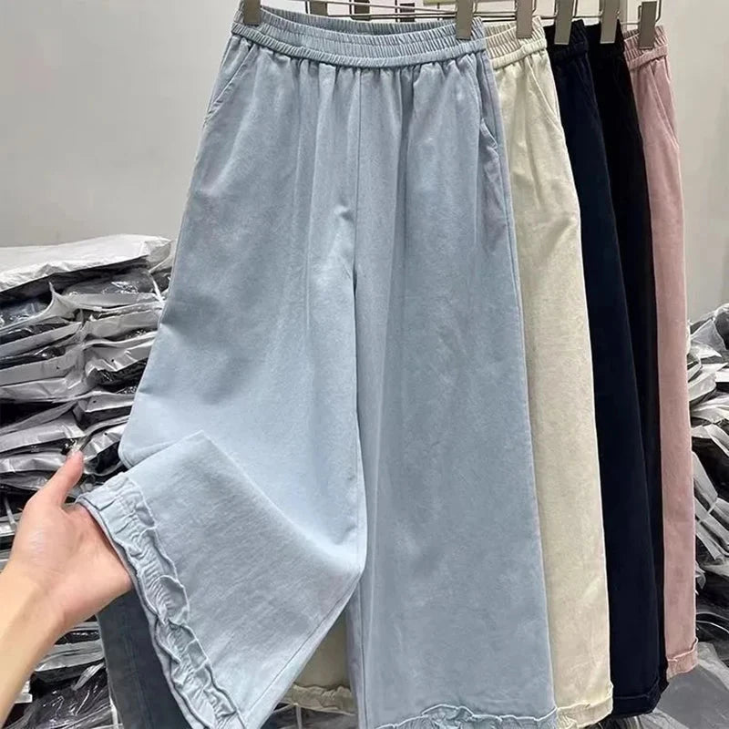 Korean Chic Ruffle Patchwork Ankle Length Pants Women Summer High Waist Loose Wide Leg Pants Elastic Waist Baggy Casual Trousers voguable