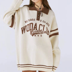 Voguable American Letter Embroidery Half Button POLO Shirts Oversized Sweater Brown Pullover Korean Preppy Girls Warm Winter Clothes voguable