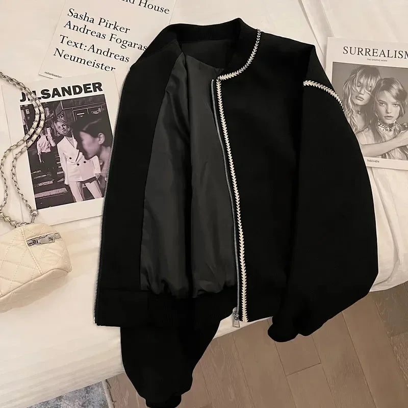 Vintage Stripe Splicing Women Jacket Y2K Autumn Korean V Neck Loose Baseball Coats Female Harajuku All-Match Warm Outwear New voguable