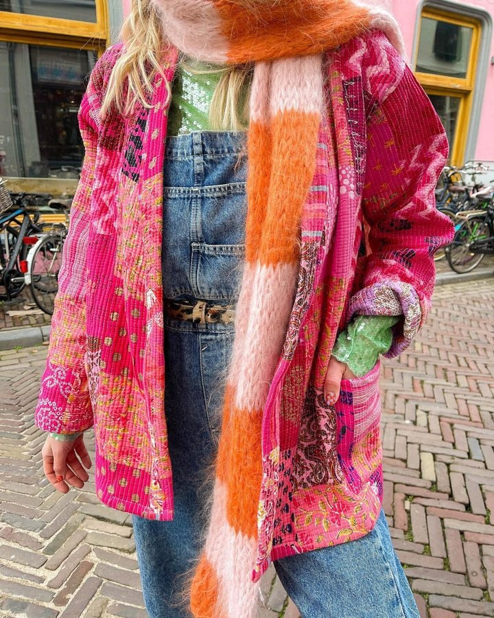 Fashion Patchwork Printed Coat Women Lace-up Autumn Thick Jacket Long Sleeve Female Vintage V-Neck Ladies Warm Streetwear voguable