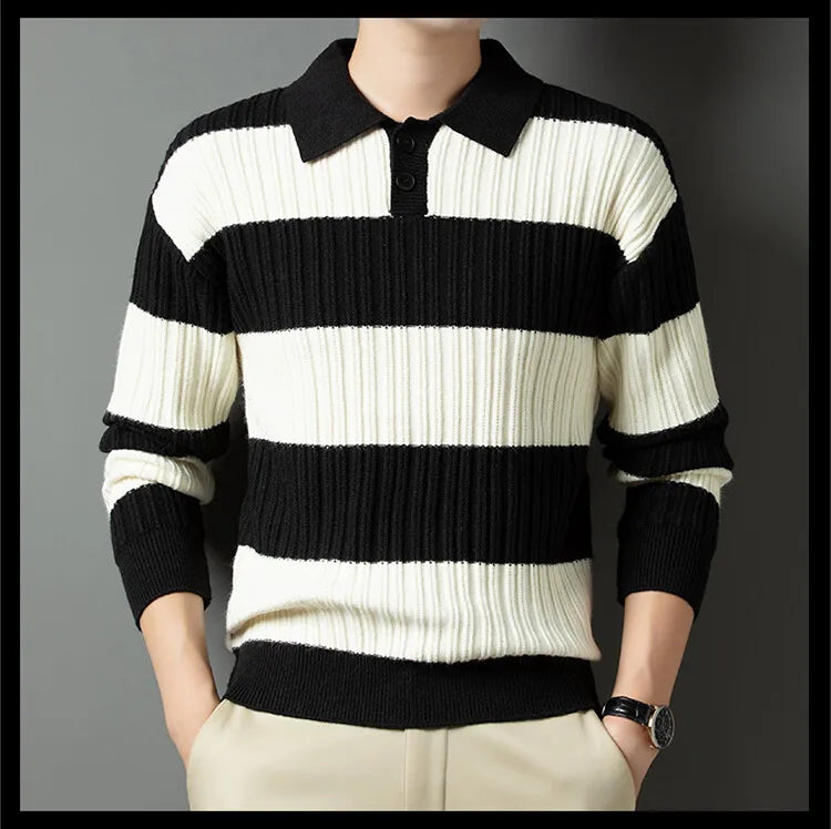 Voguable  Polo Shirt Luxury Men's Pullover Sweater Fashion Thick Warm Sweater Striped Casual T-shirt Men's Top Loose Knitwear voguable