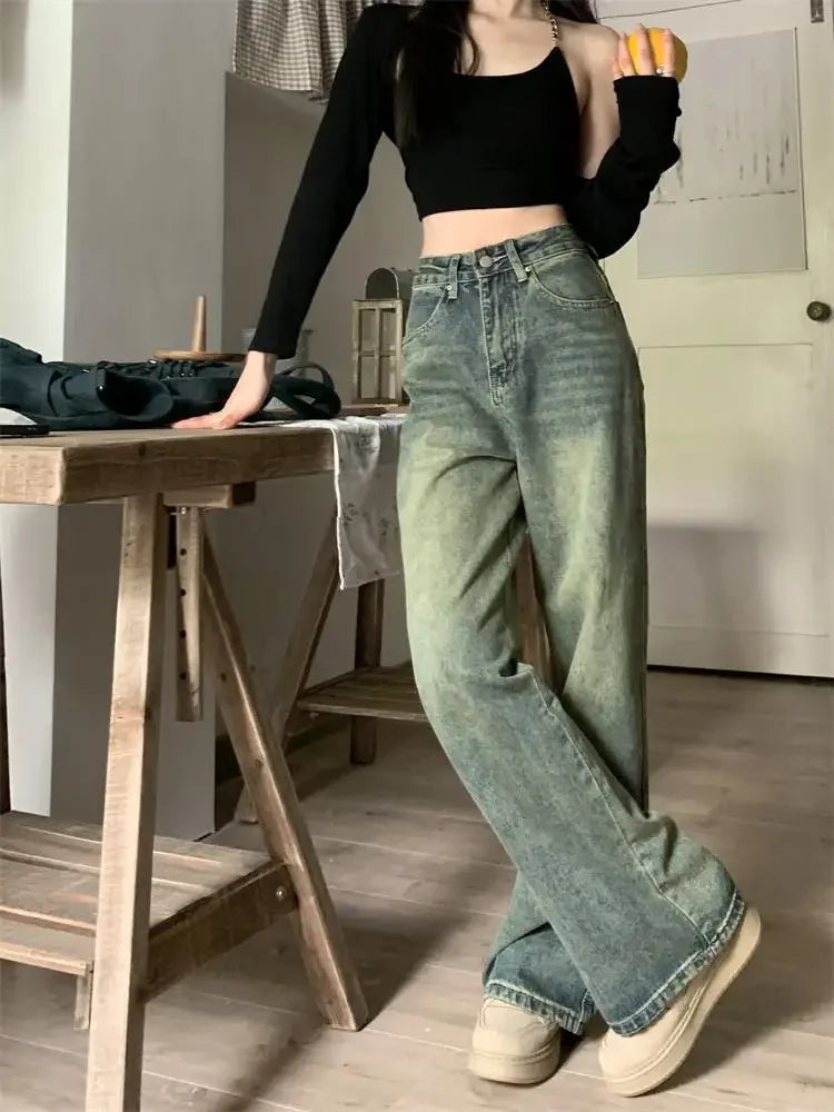 Vintage High-waisted Slimming Jeans American Style Casual Bell Bottoms Versatile Straight-leg Long Pants For Women voguable