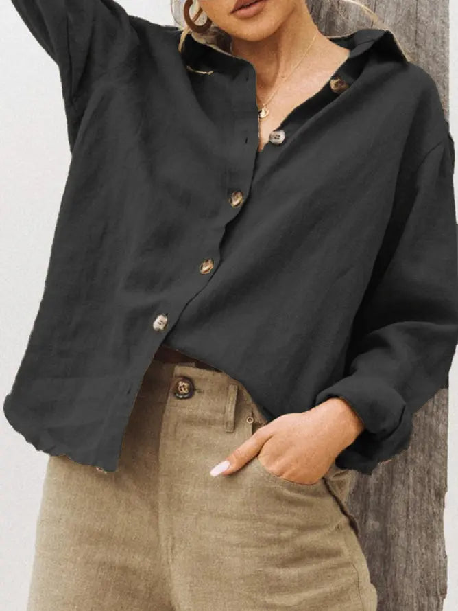 Voguable  Fashion Solid Color Loose Fit Simple Versatile Casual Women's Shirt Turn-dowen Collar Button Lightweight Long Sleeved Shirt New voguable