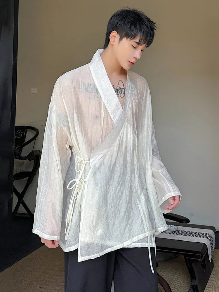 Voguable  Drawstring Translucent Design Street Long Sleeve Shirt 2024 Men Stylish Original Elegant Trendy Tops voguable