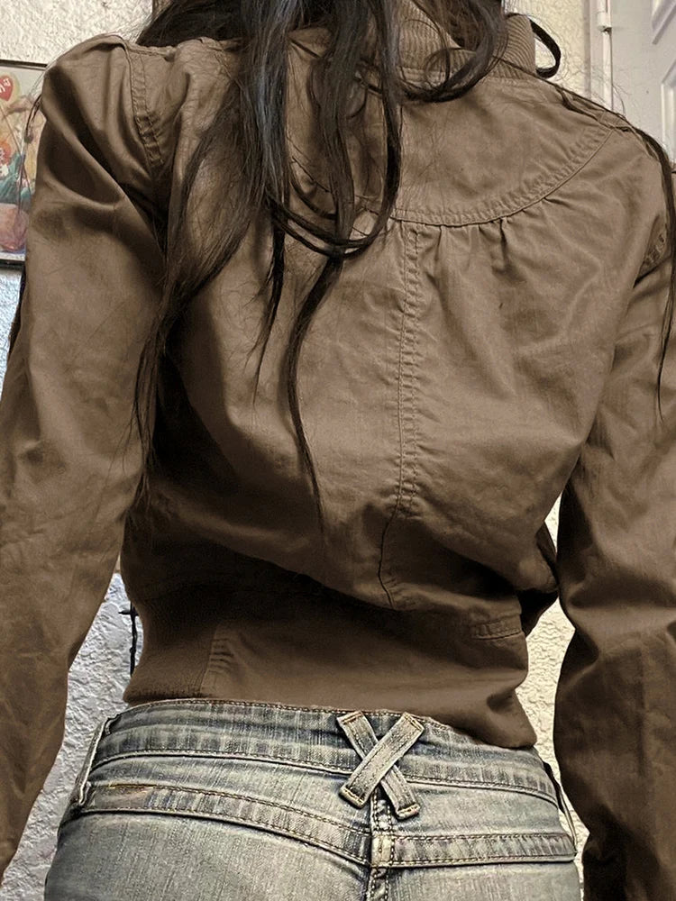Voguable Vintage Cropped Jackets for Women Harajuku Casual Slim Fit Zipper Coat Y2K Streetwear Long Sleeve Outerwear Autumn voguable