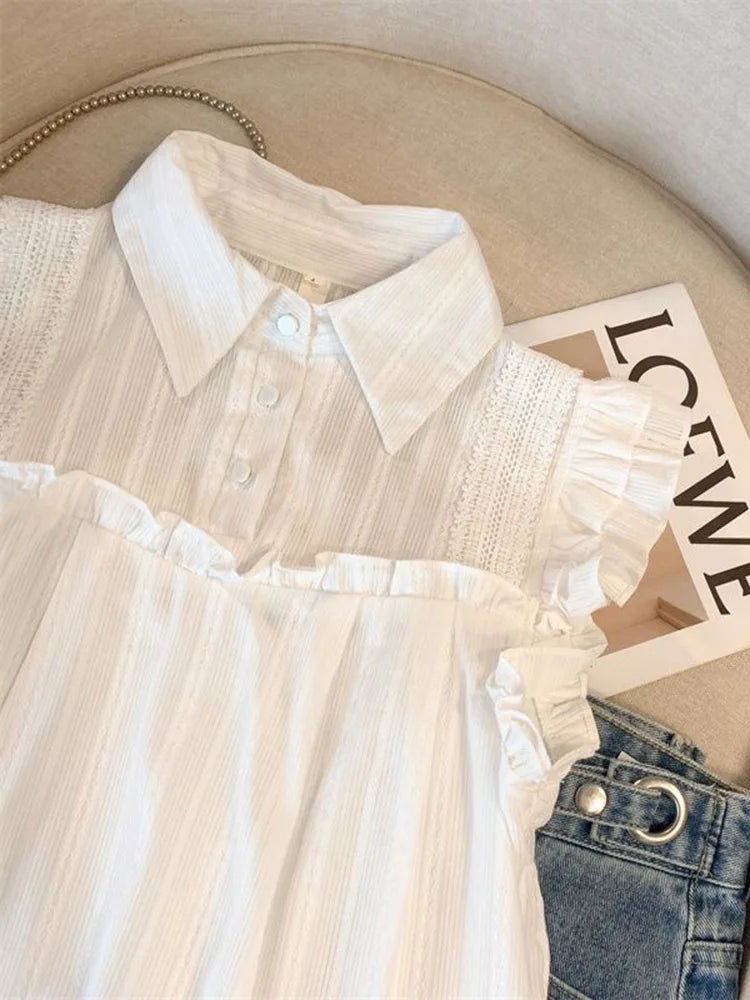 Elegant Sweet White Shirt Women Casual Ruffles Flying Sleeve Blouse Summer Cute Loose Design Female All Match Vintage Tops voguable