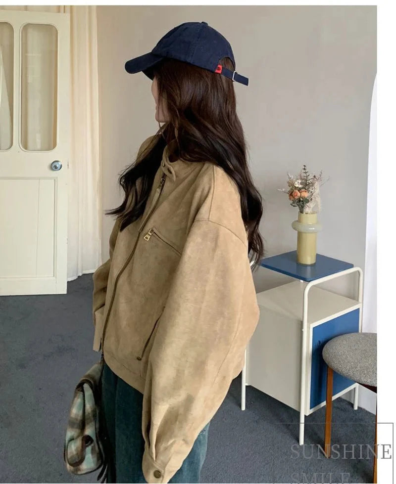 Women Faux Suede Y2K Jacket Streetwear Loose Long Sleeve Vintage Coat American Casual Harajuku Retro Stand Collar Fall Tops voguable