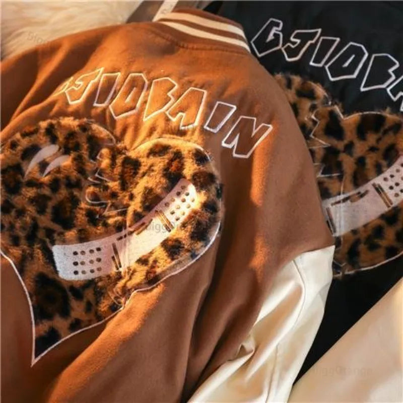 Love Embroidered Jacket Women Clothing Street Vintage Leopard Print Flocking Coat Women Jacket Loose Jackets for Women Clothes