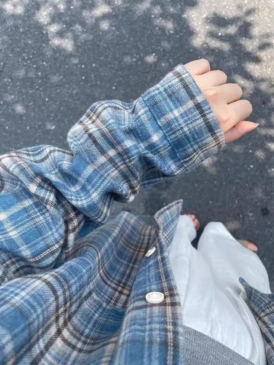 Women Shirt Women Long Sleeve Mid Length Vintage Blue Plaid Pocket Turn down Collar Preppy Style Shirts Blouse Female Cardigan voguable