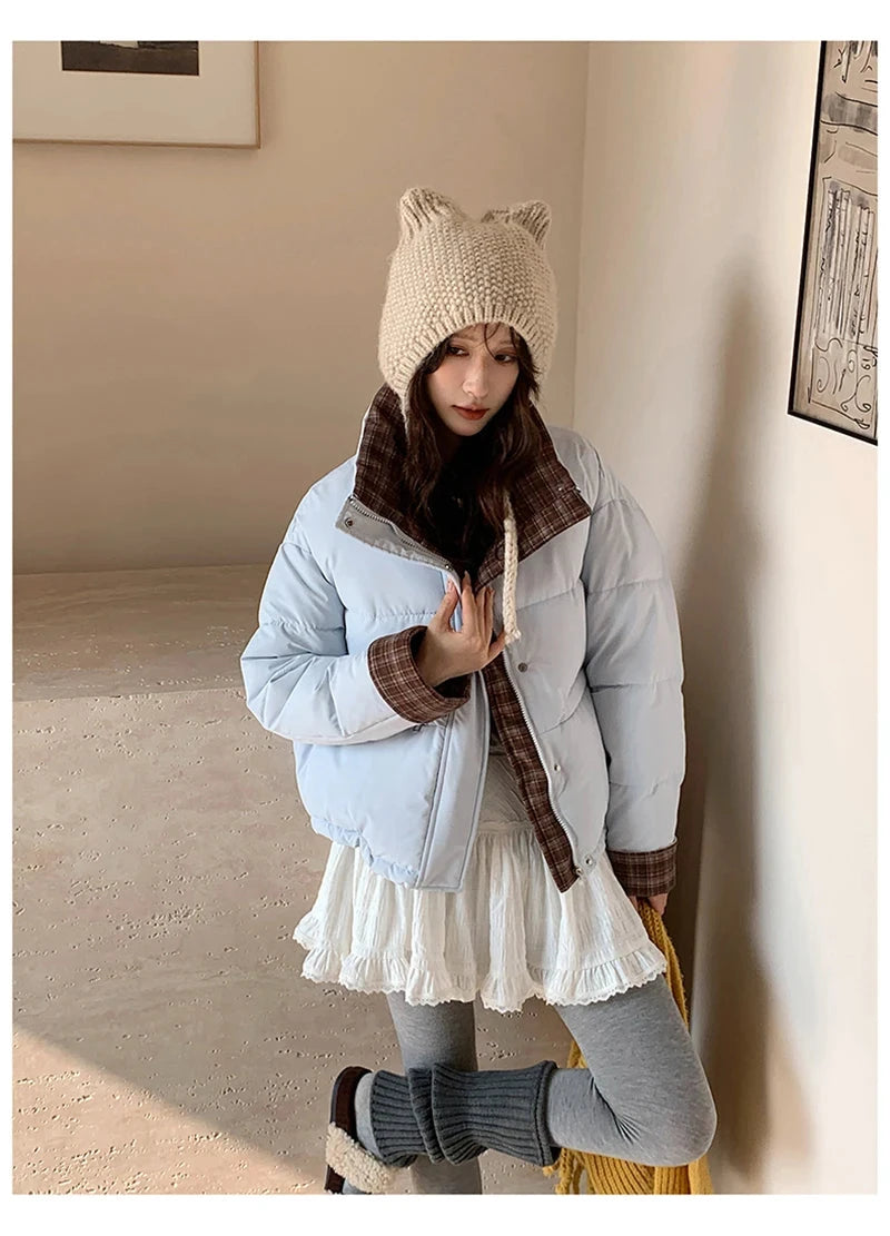 Winter Retro Puffy Parkas Women Warm Thick Plaid Patchwork Cute Coat Casual Preppy Style Korean Long Sleeve Cotton Jackets voguable