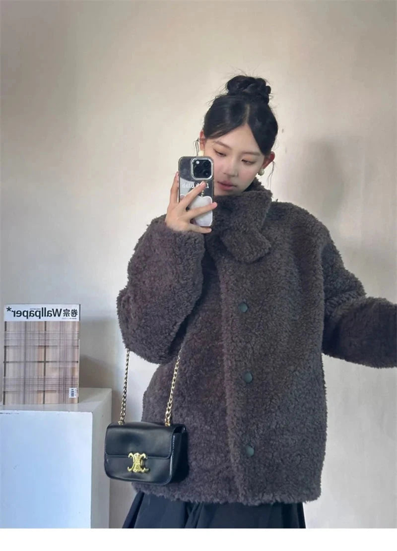 Japan Cute Faux Lamb Coat Women Loose Long Sleeve Winter Warm Retro Jacket Casual Stand Collar Preppy Style Pockets New Top voguable