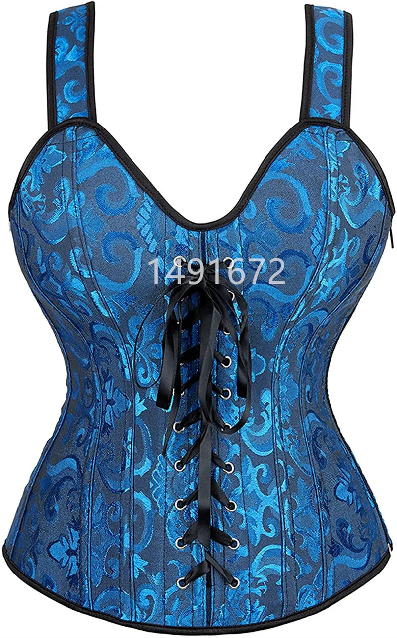 Voguable Rose Red Corset Top With Straps Sexy Bustier Zipper Brocade Vest Lingerie Plus Size Gothic For Women Outfit Burlesque Medieval voguable