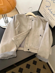 Women Faux Suede Y2K Jacket American Retro O Neck Long Sleeve Casual Coat Retro Casual Harajuku Streetwear Fall Winter Tops voguable