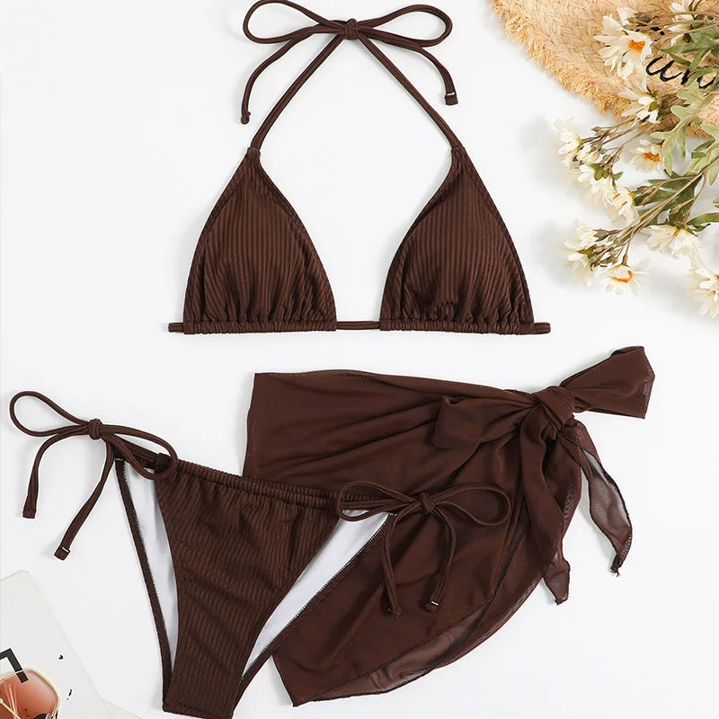 Voguable Sexy Solid Brown Bikinis Set Women Ribbed Halter Push Up Mesh Skirt Swimsuit 2024 Mujer Brazilian Bathing Suit Cover Up Swimwear voguable