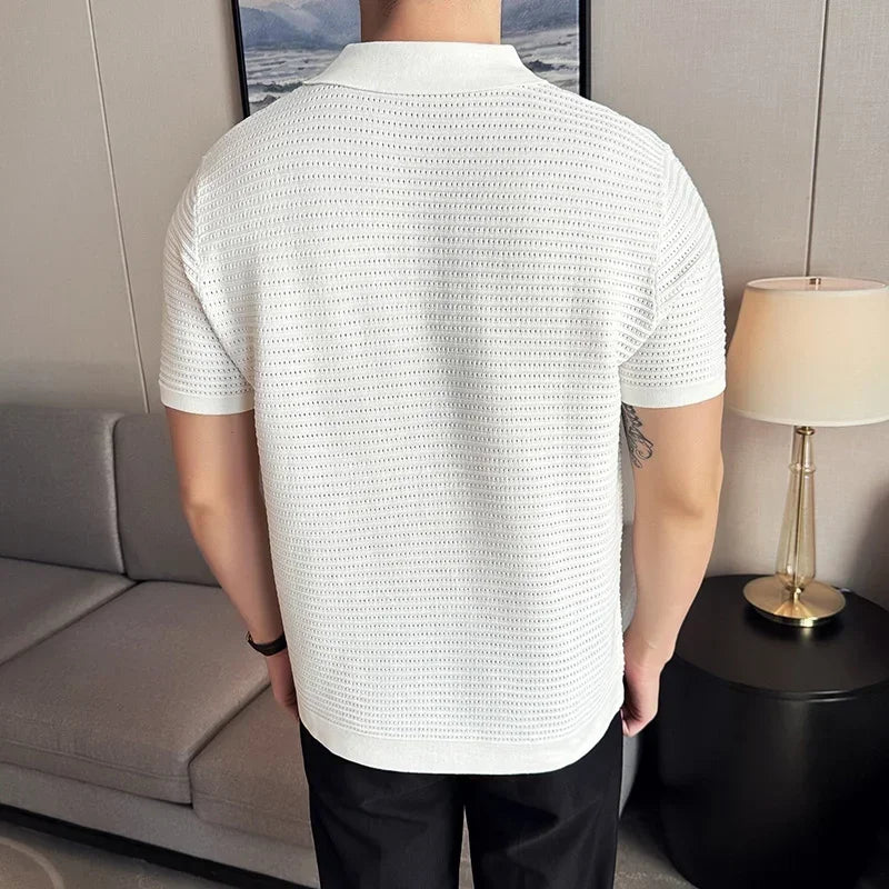 Men's Polo Shirt 2024 Summer New Thin Knitted Hollow Striped Jacquard Solid Short Sleeved V-neck T-shirt Casual Men's Clothing voguable