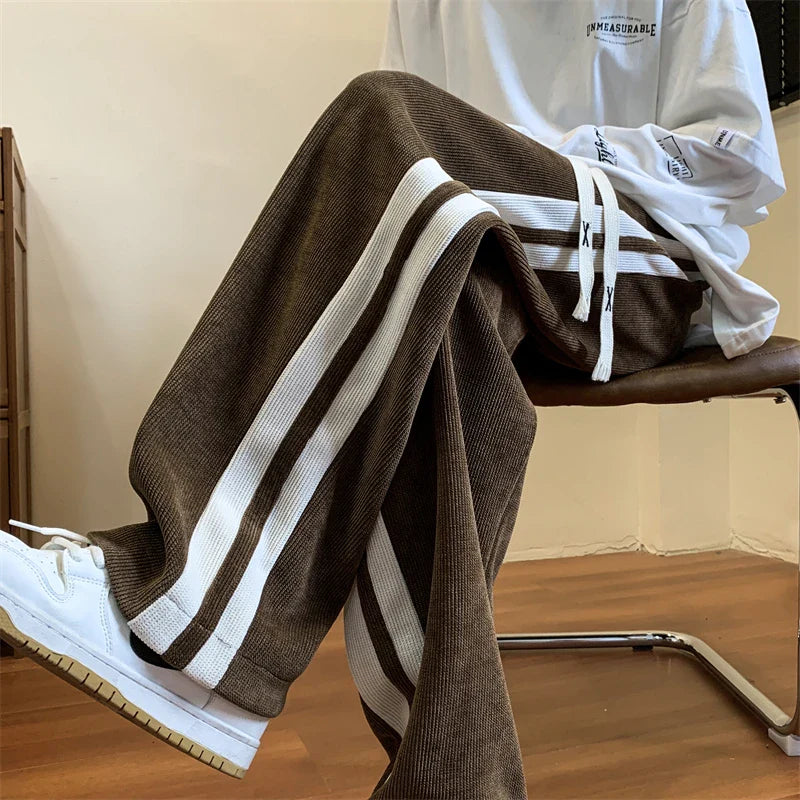 Loose Coffee Corduroy Pants Men Women Drawstring Striped Wide Leg Pants Autumn Casual Easy Care Anti-wrinkle Mopping Trousers gotmes-shop