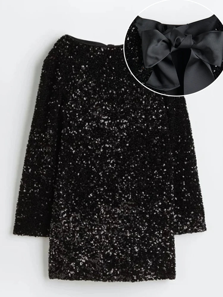 Fashion Shining Sequin Mini Dress For Women Long Sleeve Bowknot Chic Short Dresses Female Elegant Holiday Evening Party Looks voguable
