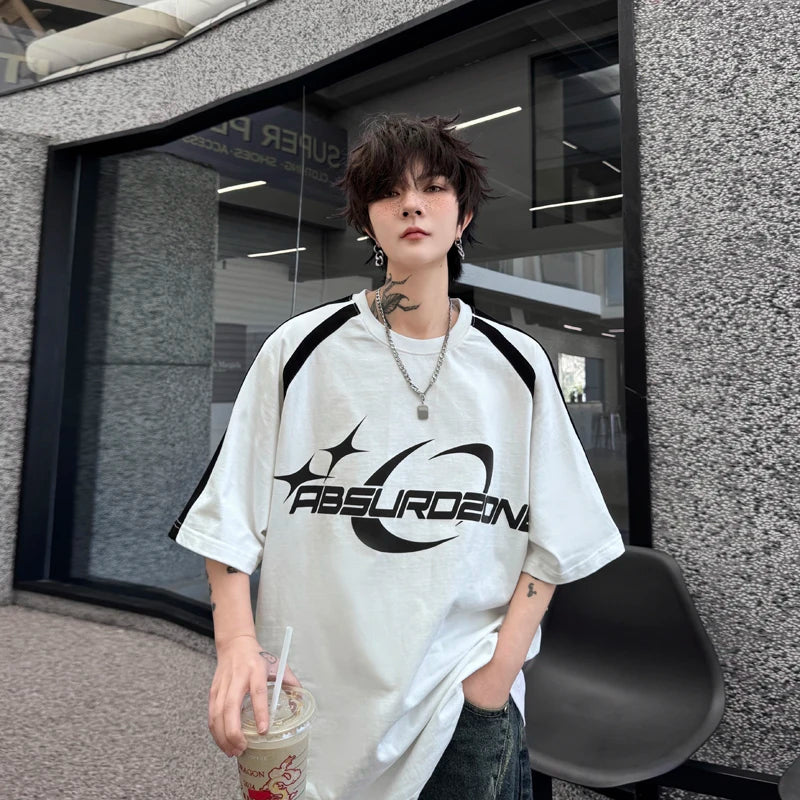 Voguable Letter Printed Splicing Design Fashion Handsome Short Sleeved T-shirts Summer New Trendy Korean Men's Street Tops voguable