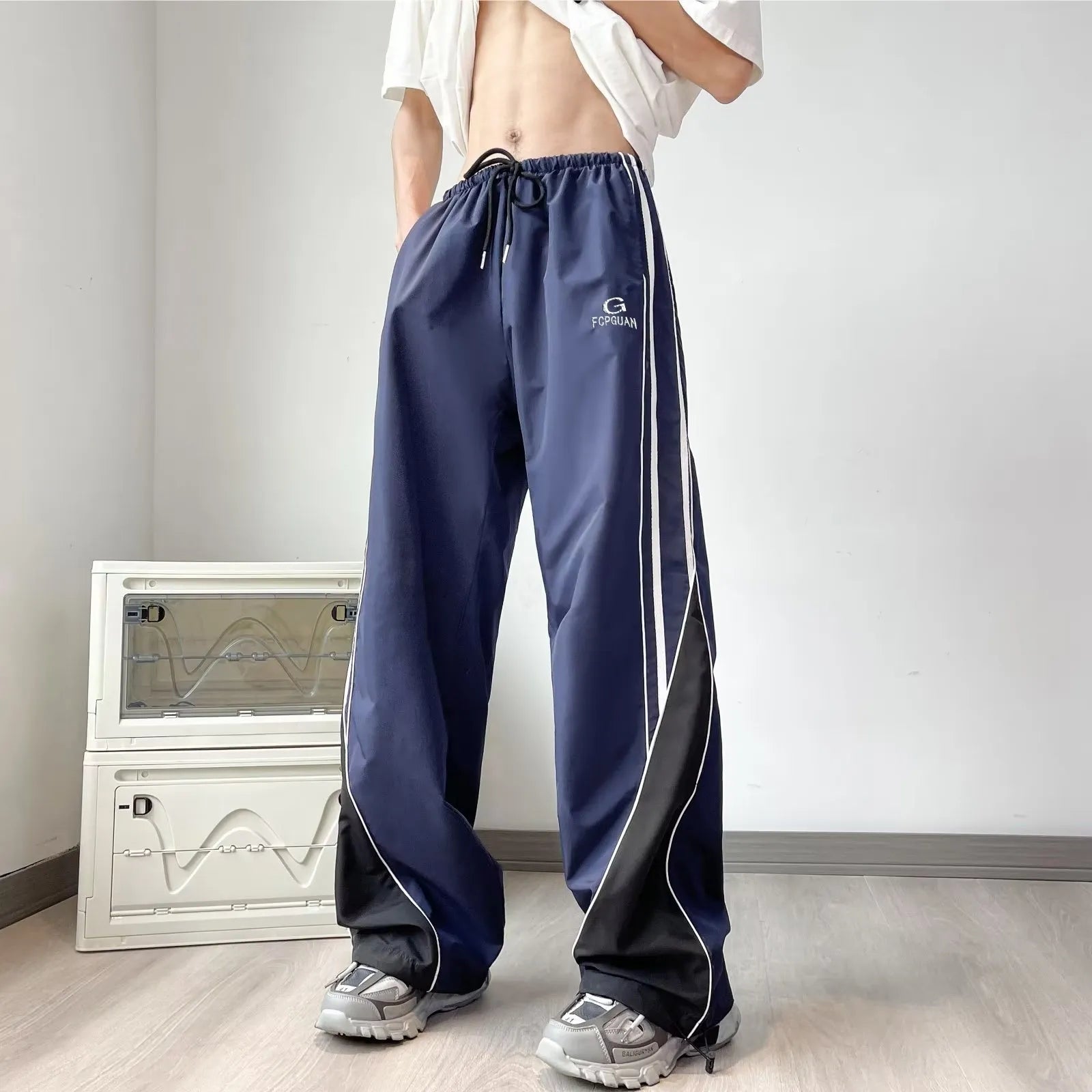 Vintage Casual Track Y2K Cargo Pants Straight Loose Striped Blue Wide Leg Pants Gym Basketball Sweatpants Trousers Korean Style voguable