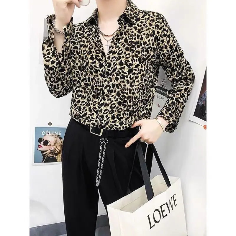 Voguable  Leopard Print Men's Loose Premium Iron-Free Fashion Vintage Long Sleeve Printed Shirt voguable