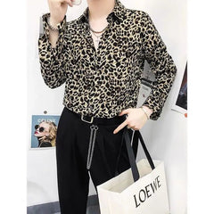 Voguable  Leopard Print Men's Loose Premium Iron-Free Fashion Vintage Long Sleeve Printed Shirt voguable
