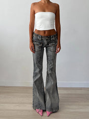 Voguable Vintage Washed Flare Jeans Pants Low Waist Women Streetwear Y2K Slim Fit Boot Cut Pants Grunge Denim Trousers pantalone voguable