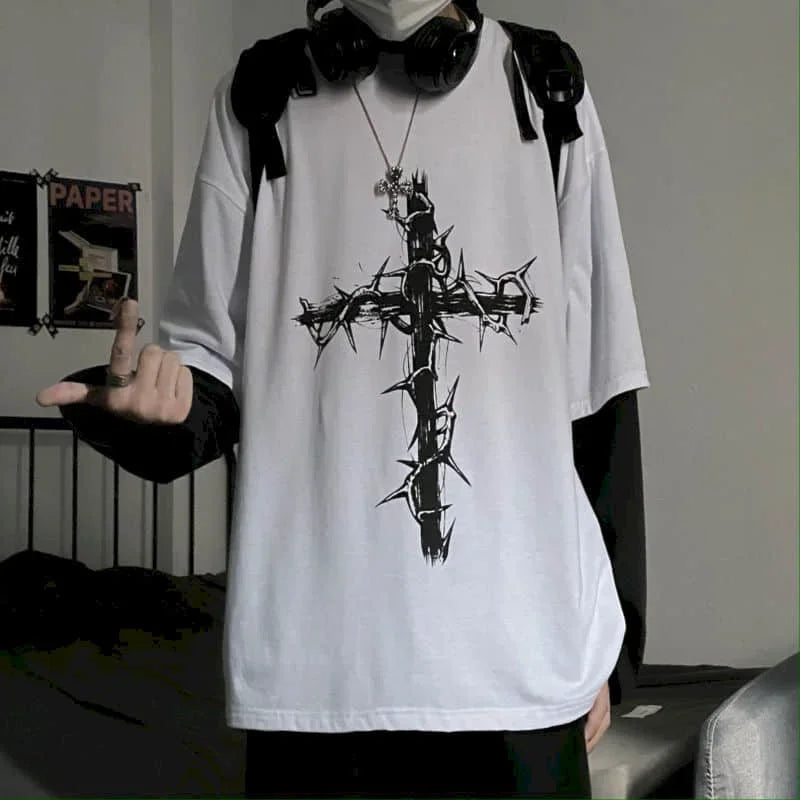 T-shirt Cross of Thorns fake two-piece for men women long-sleeved dark hip-hop loose large size autumn new trend top Simplicity voguable