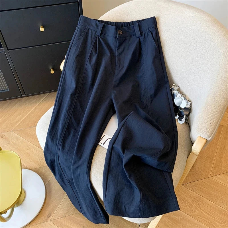 Casual Elegant Wide Leg Pant Women Vintage High Waist Loose Korean Trousers Fall Winter Pockets Solid Simple Retro Pants voguable