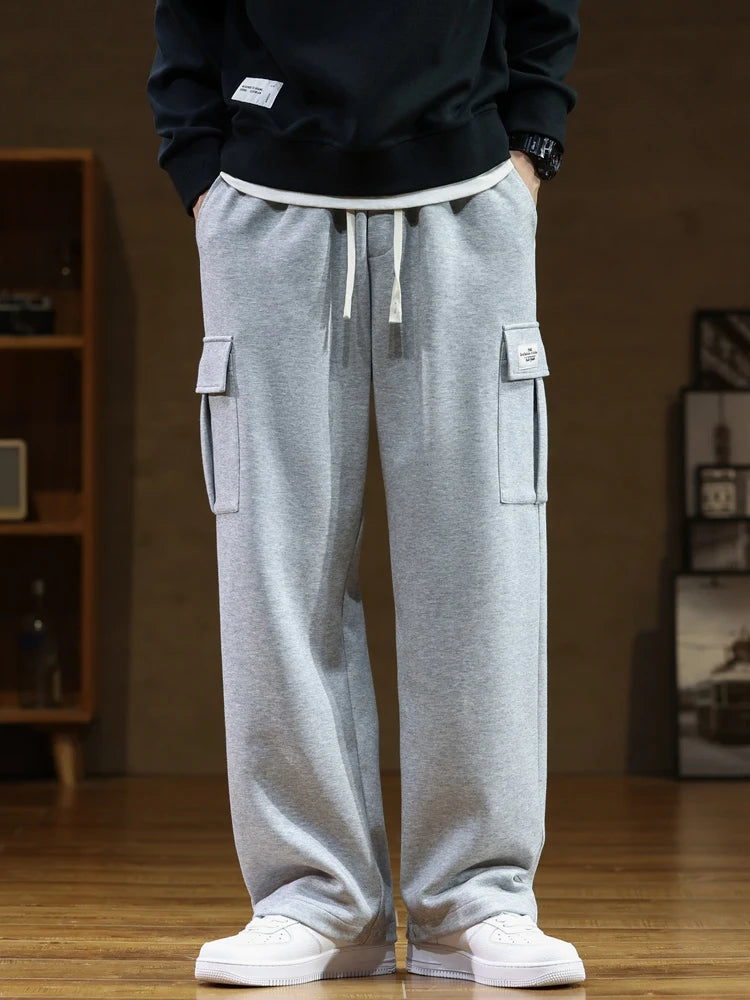 Spring Autumn Multi-Pockets Sweatpants Men Drawstring Waist Sportswear Casual Track Pants Plus Size Loose Straight Trousers 8XL voguable