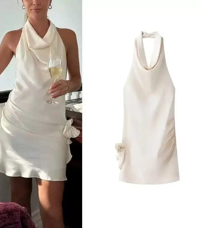 3D Flower Satin Halter-neck Short Dress 2025 New Fashion Beige Slim Sleeveless Dresses Backless Summer Party Dress For Women voguable