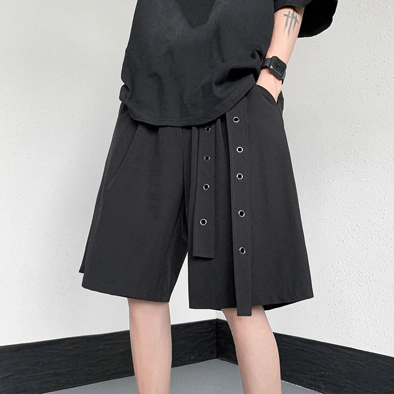 Voguable Personality Trendy Ribbon Splicing Design Straight Shorts Solid Color Men's Street Five-point Pants voguable
