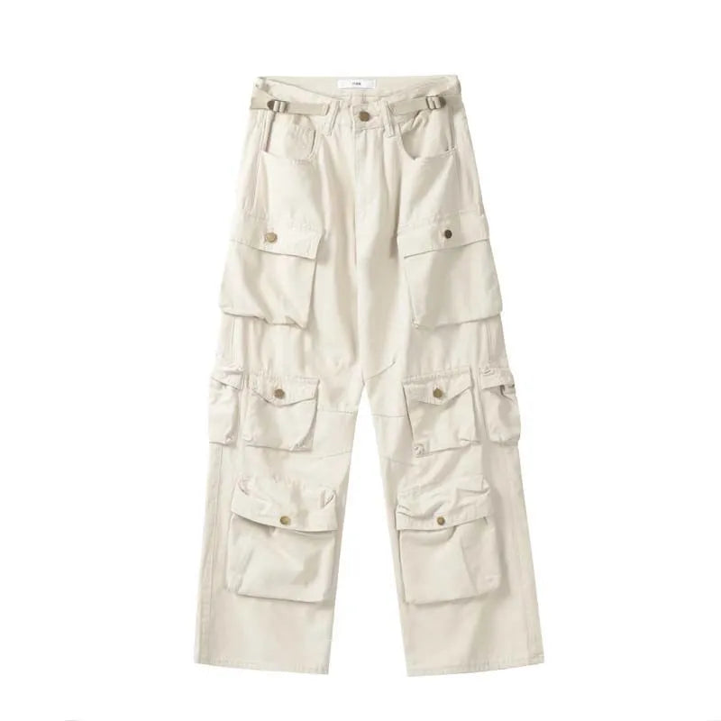 Street Popular White Multi-pocket Overalls Men's Harajuku Style Loose Casual Trousers Straight Mopping Pants Autumn New voguable