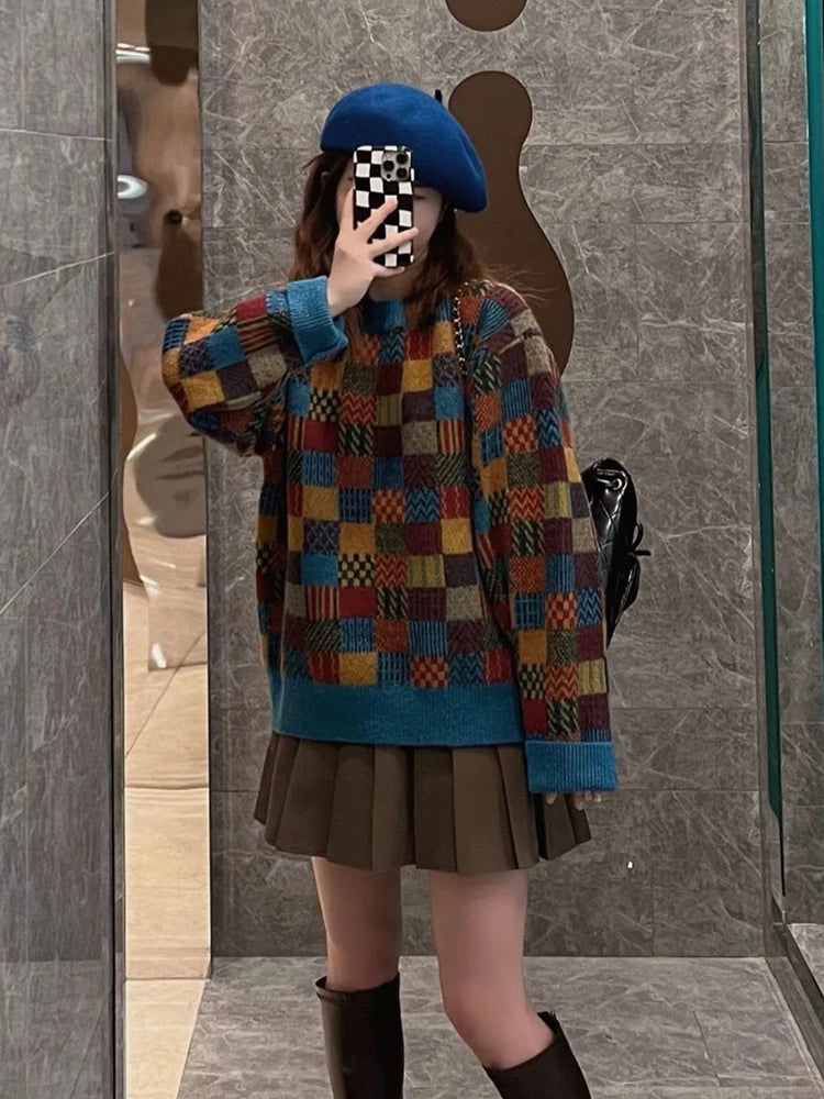 Voguable  Retro Harajuku Japan Plaid Sweater Women Streetwear Loose Knitted Tops Casual Loose O Neck Long Sleeve Bf Simple Pullover voguable