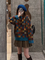 Voguable  Retro Harajuku Japan Plaid Sweater Women Streetwear Loose Knitted Tops Casual Loose O Neck Long Sleeve Bf Simple Pullover voguable