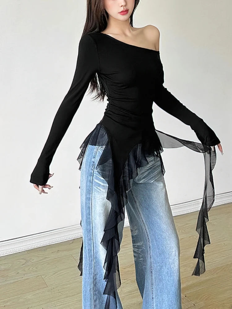 Ruffles Tassel Off shoulder Long sleeve T shirt Women Sweet Gentle Streetwear Party Basic Top Tees Shirt Sexy 2025 New voguable