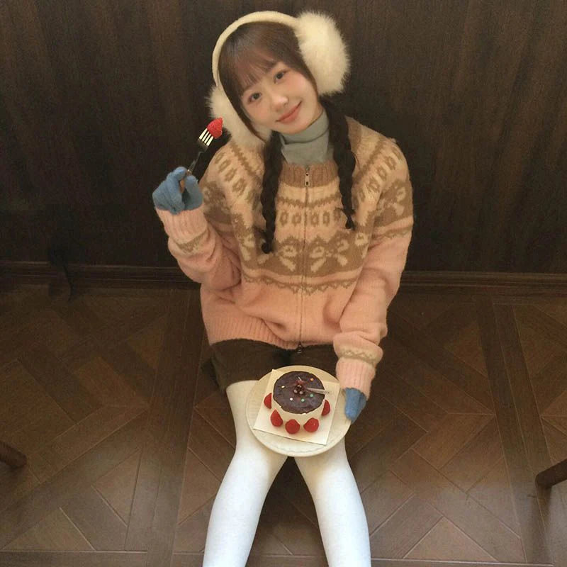 Vintage Print Knitted Cardigan Women Japanese Long Sleeve Sweater Outerwear Winter Aesthetic Pink Knitwear Korean Jumpers voguable