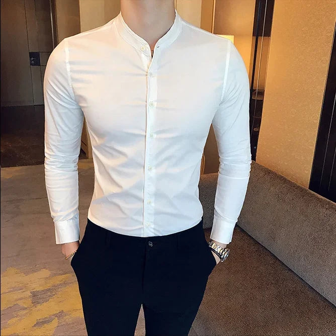 Men Slim Fit Shirt 2024 Autumn Cotton Solid Stand Collar Casual Business Long-sleeved Shirts Male Fashion Camisas Men Clothing voguable