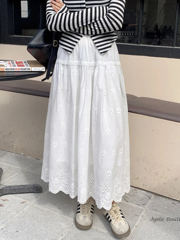 Embroidered Hollow Lace Spliced White Long Skirt 2025 Spring Summer New Elastic Waist Cotton A-line Vacation Beach Boho Skirt voguable