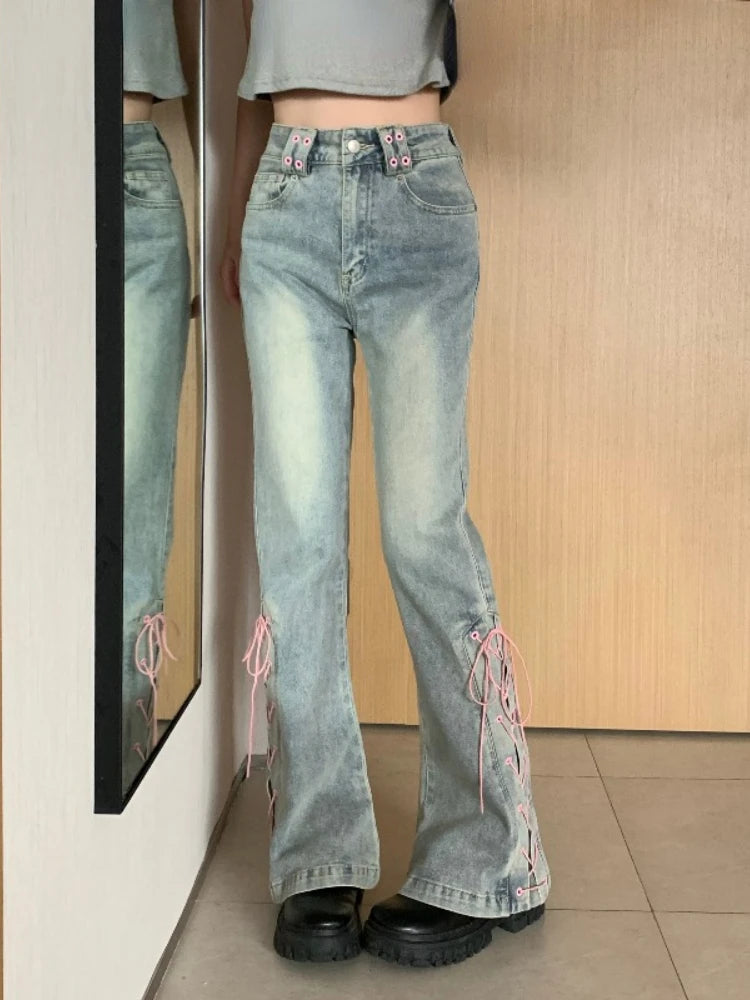 Voguable High Waist Slim Flare Pants Women Casual Vintage Wide Leg Jeans Pure Color Korean Style Denim Trousers Female 2022 Autumn Design voguable