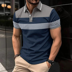 Voguable  Business Casual Men Polo Shirts Summer New Lapel Striped Button Contrast Color Streetwear Fashion Office Social Short Sleeve Top voguable